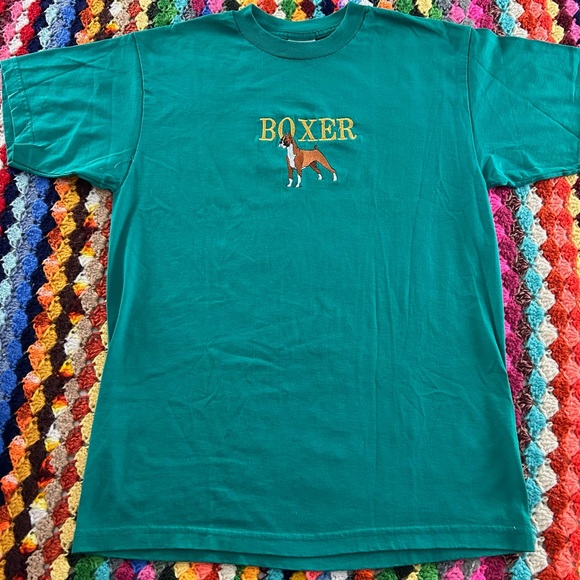 Vintage 90s Boxer Dog Mastiff German Tee Teal Embroidered Animal Pet Own… - Picture 6 of 11